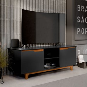 Rack Bancada Flow para Sala de Estar Tv 55" Pés Madeira:preto