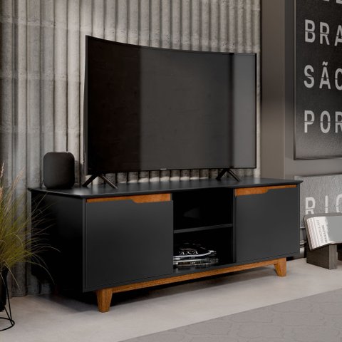 Rack Bancada Flow para Sala de Estar Tv 55" Pés Madeira:preto