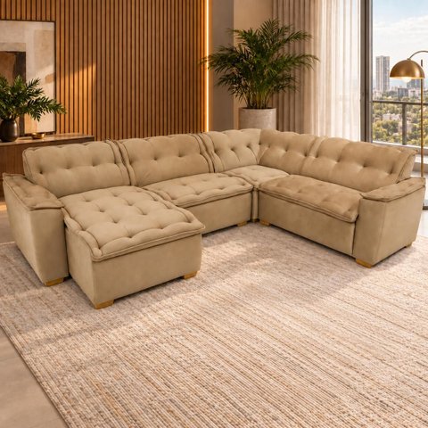 Sofá de Canto Premium 5 Lugares Chaise Bege Inovaflex