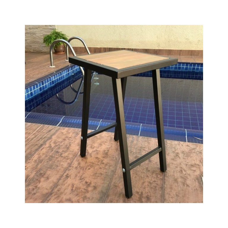Banquinho Quadrado De Aço E Madeira Premium Altura 46 Cm