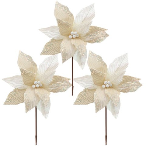 Kit 3 Flores Bico de Papagaio Natalina Luxo Branco Cristal e Creme Tecido Frisado Lantejoulas Furta-