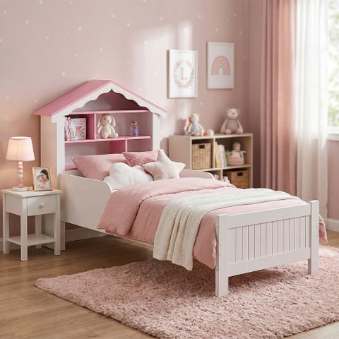 Cama Princesa Infantil Solteiro com Colchão e Cabeceira Casinha com Nichos para Quarto Menina Rosa