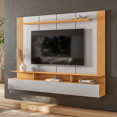 Painel para TV 65 Polegadas Ripado Canelado 1 Porta e 3 Nichos Soul Bali Cedro DJ Móveis