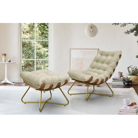 Poltrona Decorativa Costela com Puff Eva Dourado Mad- Bege