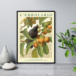 Quadro Passarinho Preto com Frutos 24x18cm - com Vidro:moldura Branca - 2