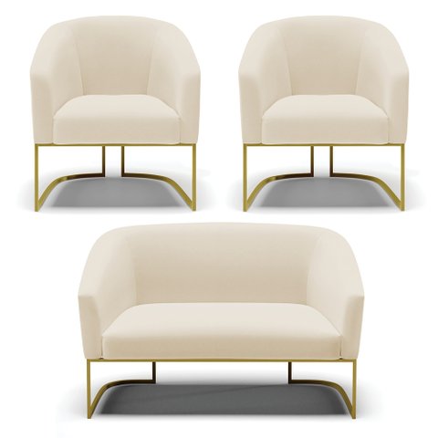 Namoradeira e 2 Poltronas Base Industrial Dourado Stella Linho Bege A19 D03 - D’Rossi