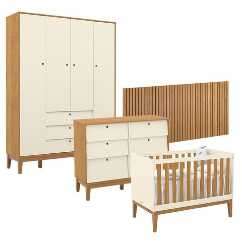 Quarto de Bebê Unique 4 Portas com Cômoda 6 Gavetas e Painel Ripado Off White Freijó Eco Wood - Mati