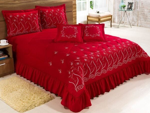 Kit Cobre Leito Casal Super King Desejos 07 Peças Bordado Colcha - Vermelho