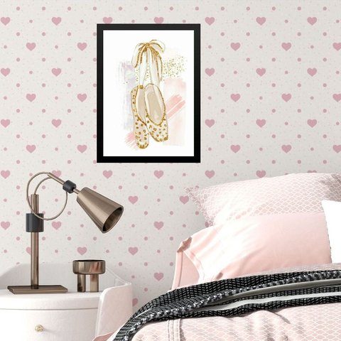 Quadro Infantil Menina Sapatilha de Balé Ouro 33x24cm - com Vidro:madeira Preta