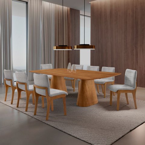 Sala de Jantar Mesa Noronha 220cm Tampo Laminado Barril com 8 Cadeiras Bella Mobillare