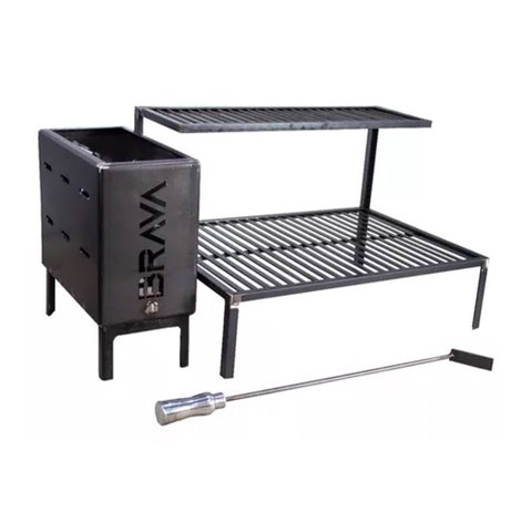 Kit Grelha Rústica 80cm Barra Chata em Aço e Firebox para Alvenaria