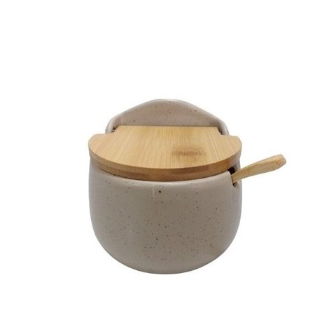 Saleiro em Cerâmica com Tampa e Colher de Bambu - Bege