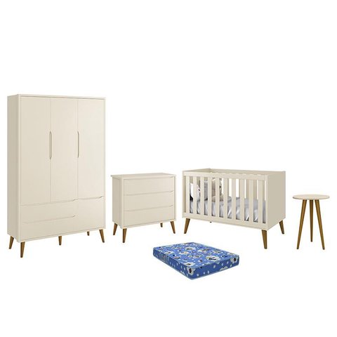 Dormitório Infantil Theo Retrô 3 Portas, Cômoda, Berço, Mesa de Apoio Areia Fosco com Pés