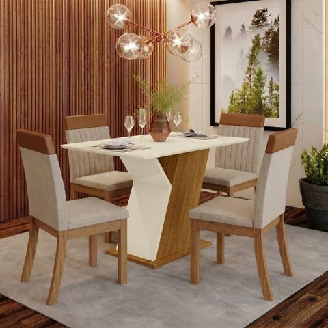 Conjunto Sala de Jantar Lay Nature-Off W-Corano 4 Lugares Tampo MDF Cadeiras em Veludo Caramelo