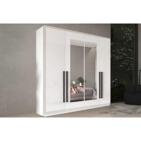 Guarda Roupa Casal 4 Portas (2 C/ Espelho) e 4 Gavetas Valência Branco - Politorno