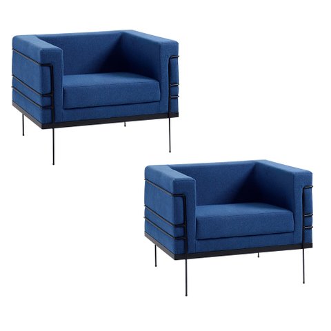 Kit 2 Poltronas Decorativas Base de Aço Preto Jeanneret-Gris Linho Azul Marinho - Gran Belo
