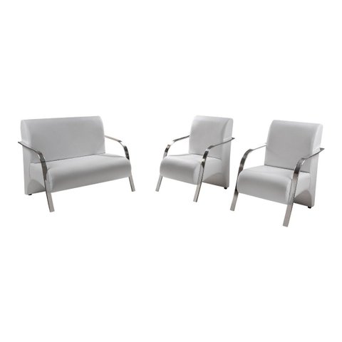 Conjunto Sevilha 2 Poltronas + 1 Namoradeira Braço Metal Decoração Recepção Sala - Corino Branco
