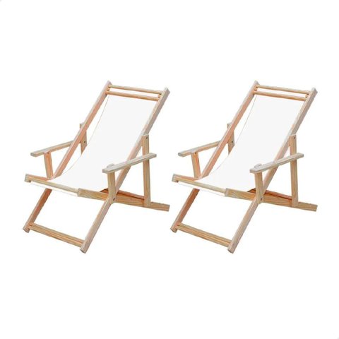 Kit 2 Espreguiçadeiras Dobrável com Tecido Branco Madeira Maciça