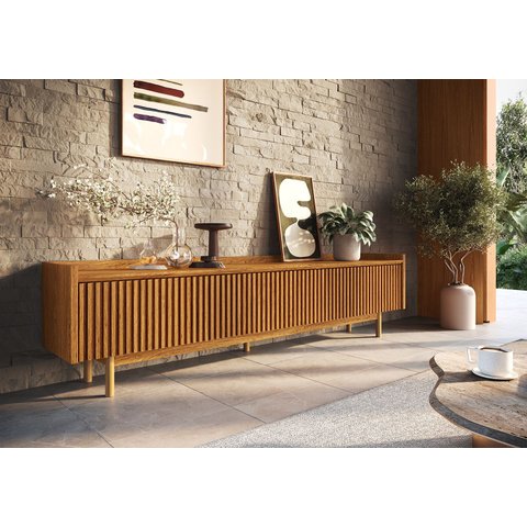 Rack para Tv 65 Polegadas Com Ripado Pés em Madeira Maciça 180cm Ravena