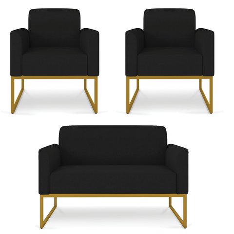 Kit 01 Namoradeira 02 Lugares e 02 Poltronas Marisa Linho Preto A79 Base Industrial Metálica Dourado