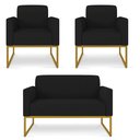 Ver imagem 1 de Kit 01 Namoradeira 02 Lugares e 02 Poltronas Marisa Linho Preto A79 Base Industrial Metálica Dourado