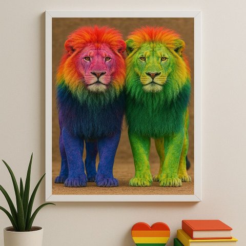 Quadro Lgbt Fotografia Casal de Leões Gay 33x24cm:moldura Branca