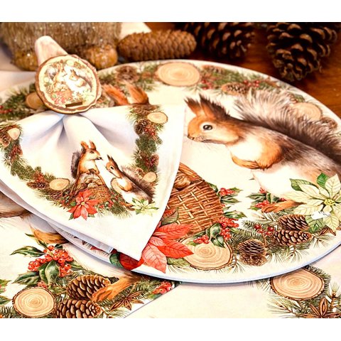 Kit Sousplat + Guardanapo Natal Esquilo Ii Nsw 2 Peças com Base