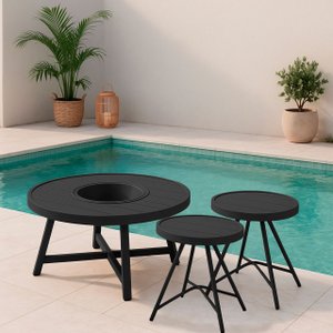 Kit 2 Mesa de Centro com 1 Champanheira Zaffi Tampo Alumínio Redondo Ripado Preto com Balde 9 Litros