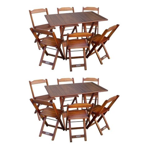Kit 2 Conjuntos de Mesa Dobráveis de Madeira 70x110cm com 6 Cadeiras Imbuia