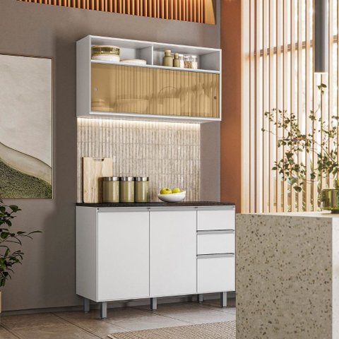Cozinha Modulada Evidence 2 Peças com Aéreo com Vidro Reflex Poliman Móveis