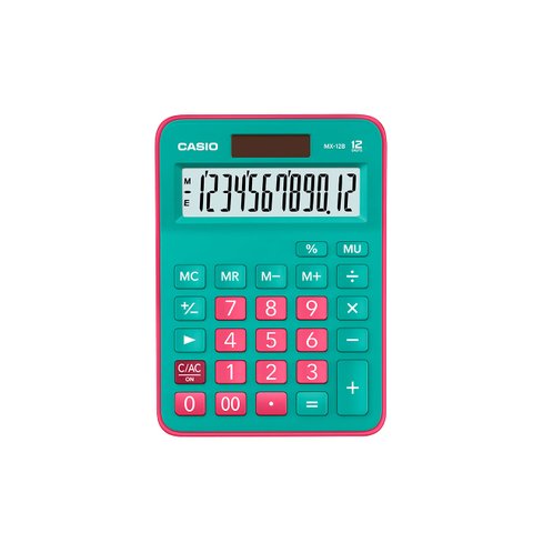 Calculadora Casio de mesa visor XL, 12 dígitos e alimentação dupla MX-12B Turquesa e Pink