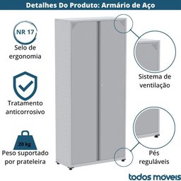 Armário Alto 2 Portas Pandin 80 Cm (largura) Inmetro Estrutura e Portas Aço Branco C/ Chave - 4