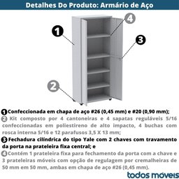 Armário Alto 2 Portas Pandin 80 Cm (largura) Inmetro Estrutura e Portas Aço Branco C/ Chave - 3