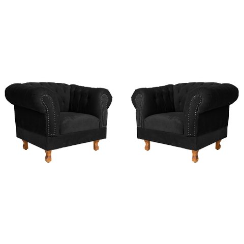 Duas Poltronas Chesterfield Capitone Suede Preto Decorativa / Sala, Tv, Estar, Recepção