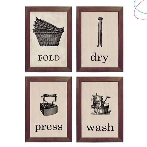 Kit com 4 Quadros Decorativos Lavanderia Retrô:tabaco