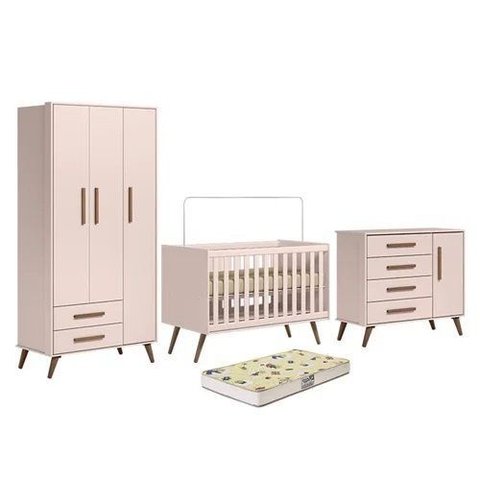 Quarto de Bebe com Colchão Q Encanto Retrô Rosa Qmovi