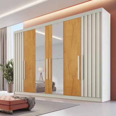 Guarda Roupa Casal 6 Portas com 2 Portas Ripadas Potente com Espelho - Móveis Europa