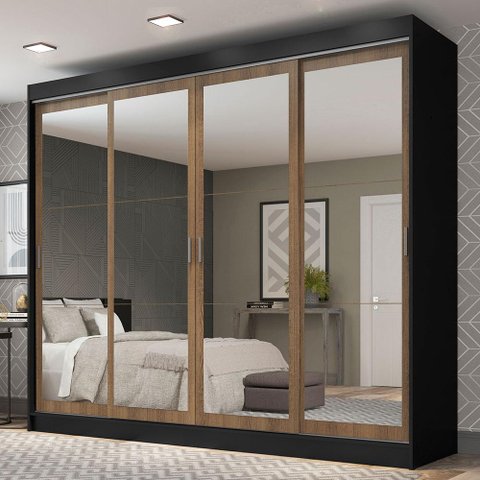 Guarda-roupa Casal Madesa Austin 4 Portas de Correr de Espelho 3 Gavetas