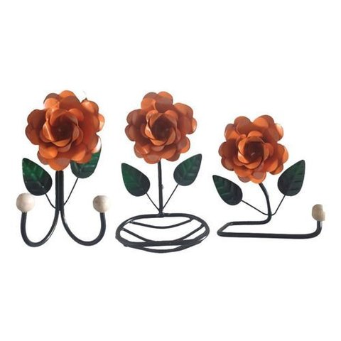Kit 3 Peças para Banheiro com Flores em Ferro:laranja
