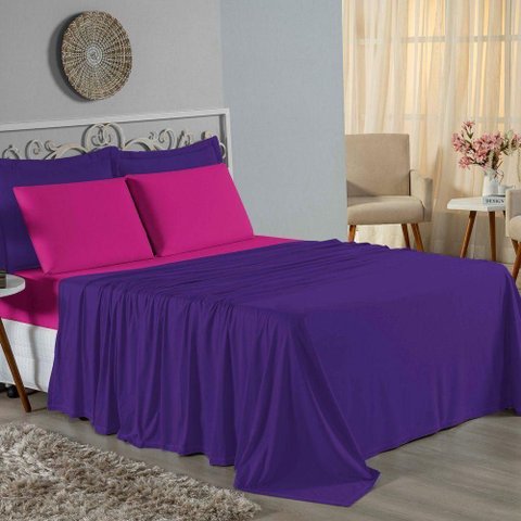 Jogo de Cama King Nobre 4 Peças Lençol com Elástico de 30cm de Altura Malha 100% Algodão - Roxo