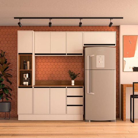 Cozinha Koya 4 Peças 236,8x214cm Armários Aéreos Paneleiro Balcão c/ Tampo Rodapé Creme 250048
