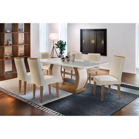 Sala de Jantar Completa 180cm + 6 Cadeiras Lunara Imbuia Veludo Creme