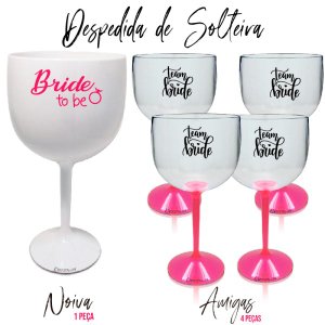 5 Taças Gin Acrilico 550ml Branca e Transparente Haste Rosa Despedida de Solteira
