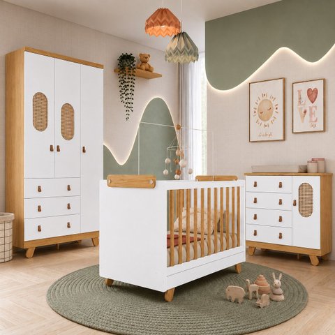 Kit Bebê Pingo Berço Guarda Roupa Cômoda Tela Branco/Amêndoa