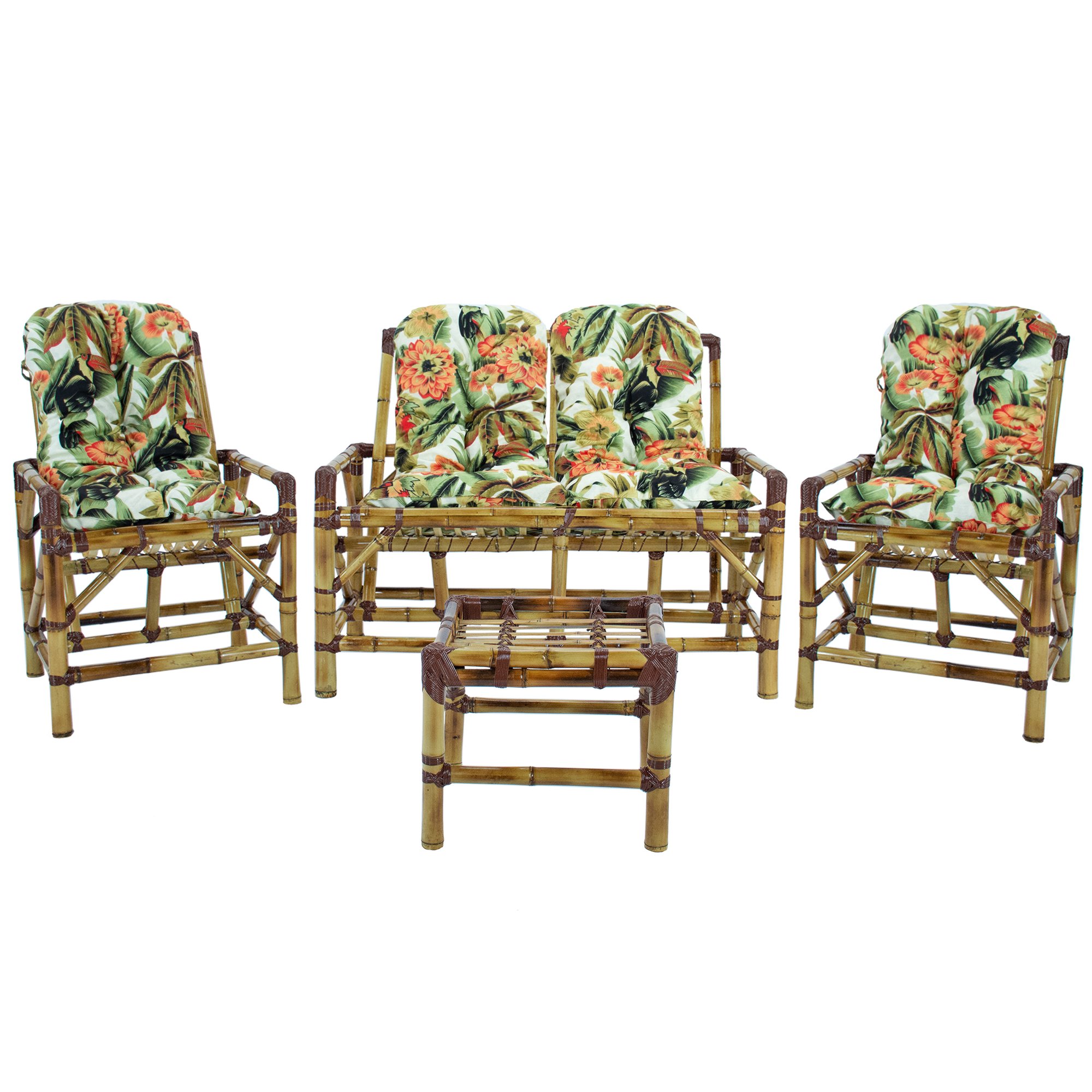 Conjunto Bambu Namoradeira, 02 cadeiras + mesa de centro com almofadas para Área T12