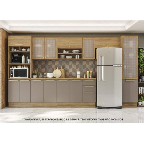 Armário de Cozinha Modulada Completa Reta 9 Peças 4,00m Botanic Kappesberg - Nogueira/Fendi