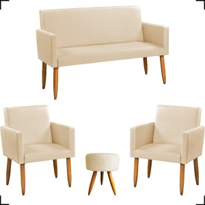 Kit Namoradeira Decorativa + 2 Poltronas Para Sala Reforçadas + Puff Redondo Suede
