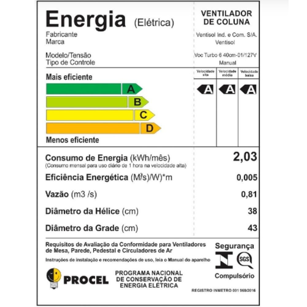 Ventilador de Coluna Ventisol Turbo 6 Preto com 6 Pás Bronze 40 Cm Diâmetro 127v - 7