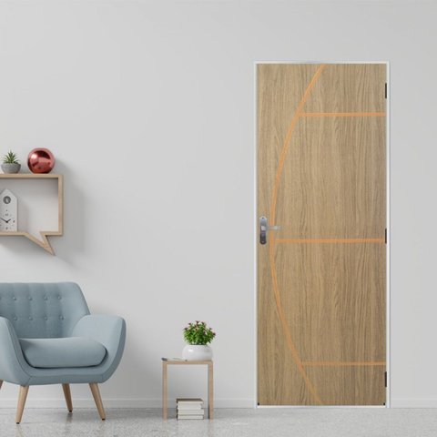 Kit Porta de Madeira Decorada 215x85cm com Batente de Aço 6cm Gaúcha MGM Abertura Direita Marrom/Carvalho Alpha