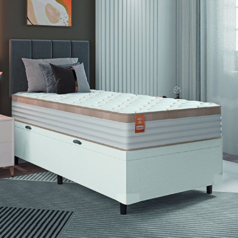 Cama Box Baú Colchão Solteiro Molas Ensacadas Real 88x188x68cm Linho Branco / Bege Inducol